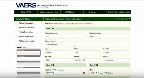 Captura de pantalla de la demostración de cómo completar un formulario de VAERS en línea